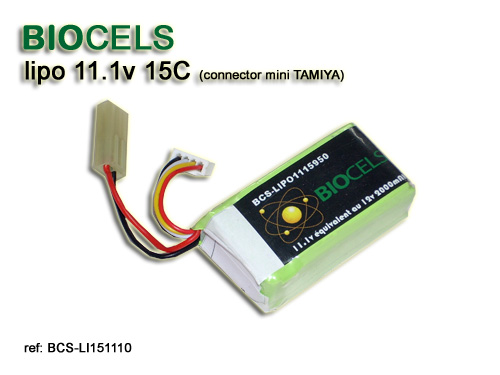 BIOCELS - Pack Lipo rectangle 11.1v - 1000Mah - 15C - Connecteur Mini Tamiya